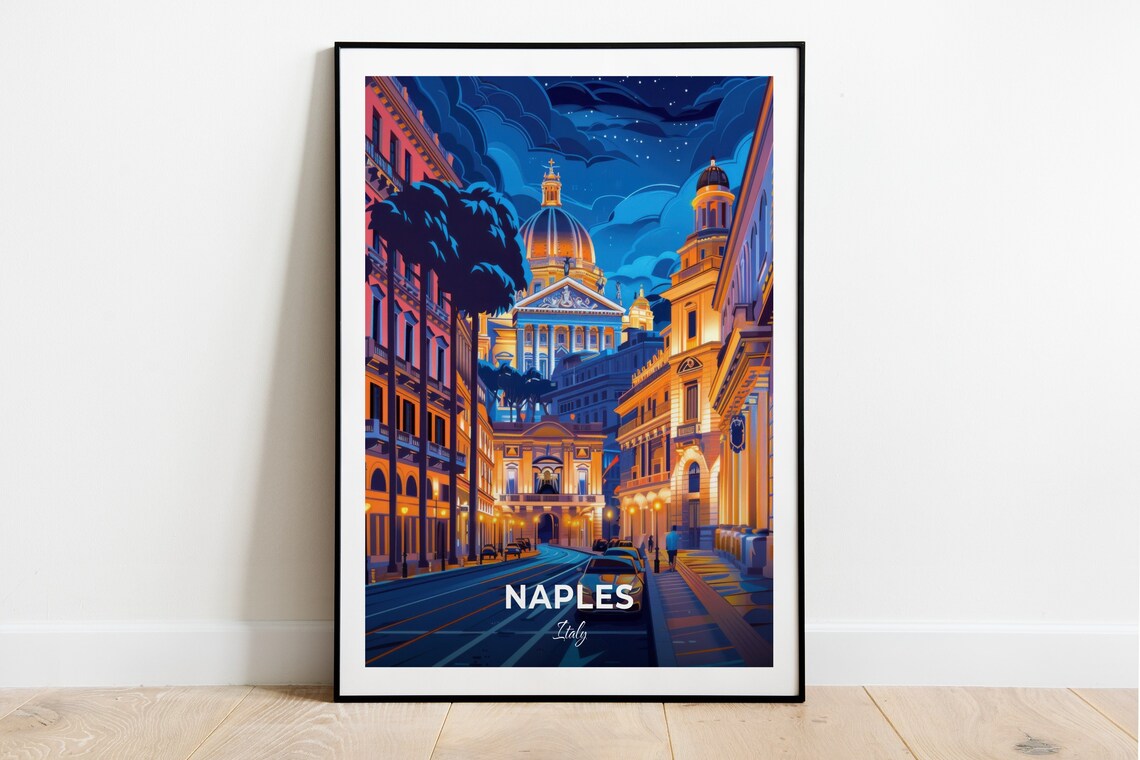 Naples Italy San Carlo Theatre Night Street Vintage Travel Poster