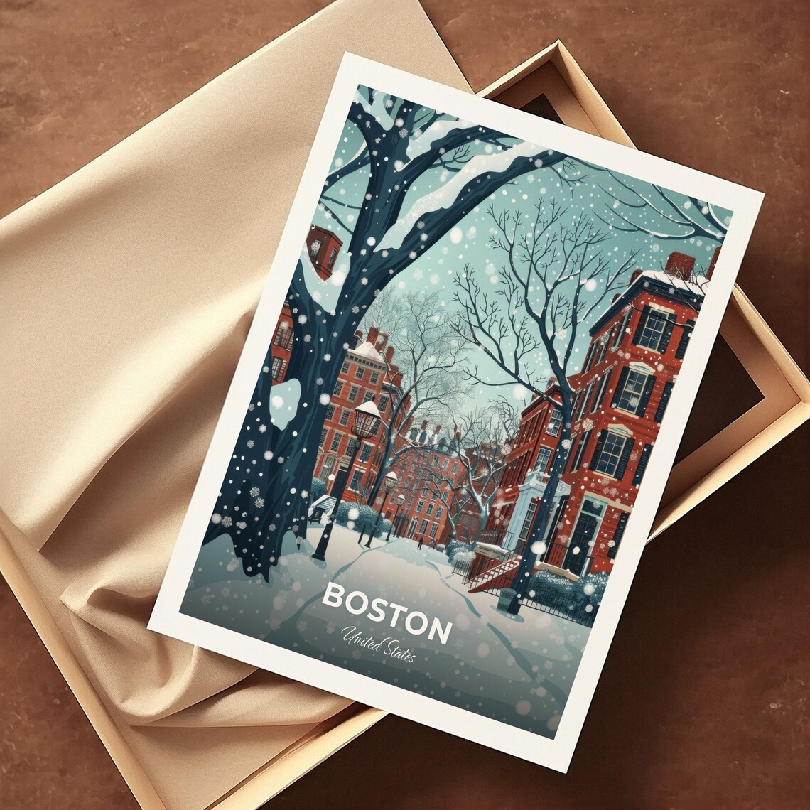 Boston Snowy Historic Winter Brick Street Scene Travel Poster - Image 3