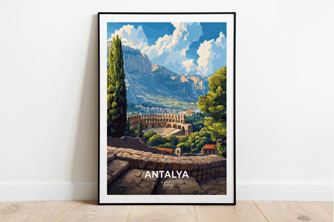 Antalya Turkey Aspendos Amphitheatre Travel Poster Mountain View Art