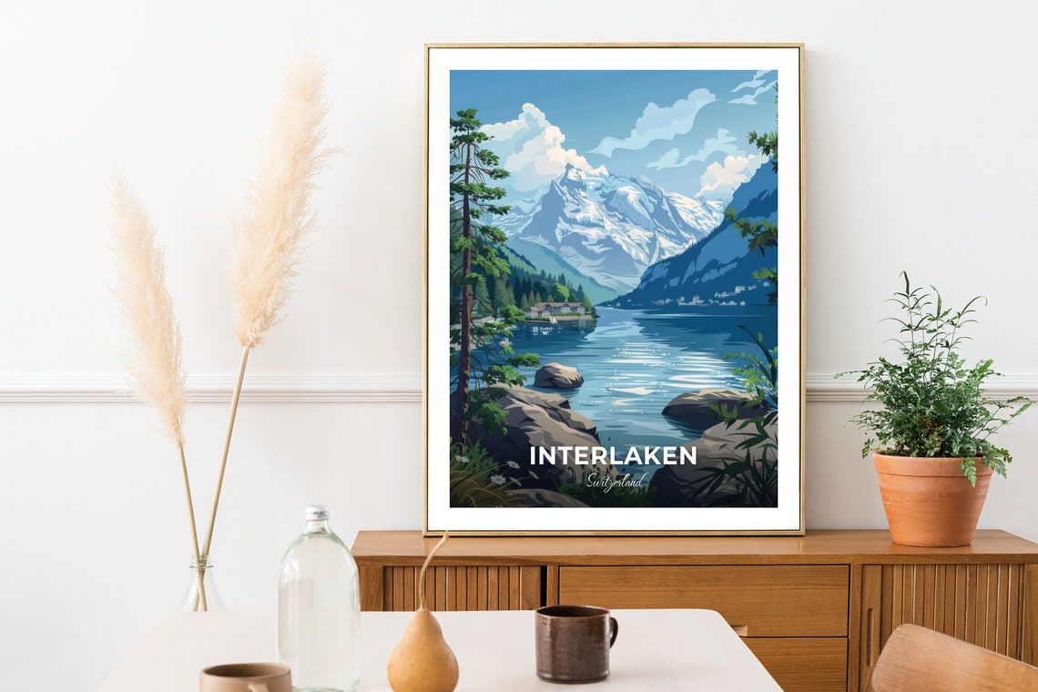 Interlaken Switzerland Travel Poster Snow Peaks Mirror Lake Artwork - Image 2