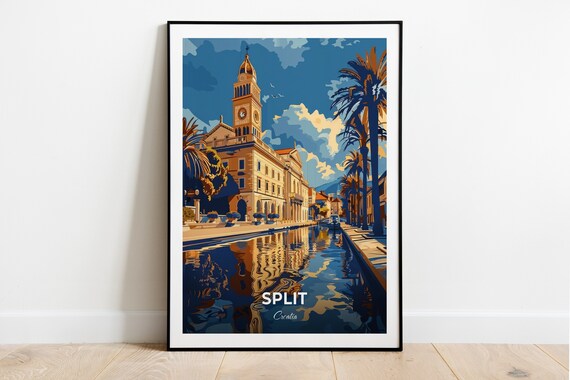 Split Historic Clock Tower Reflected In Water Croatia Travel Poster