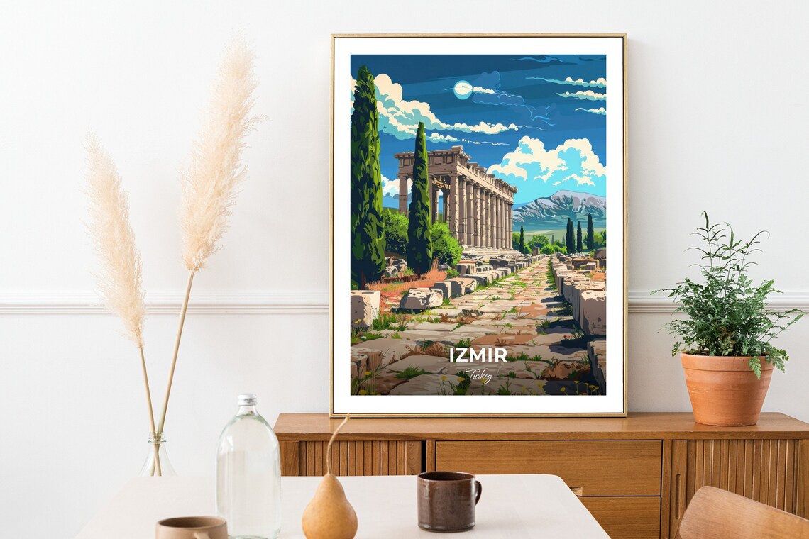 Izmir Ancient Greek Column Ruins With Cypress Trees Turkey Travel Poster - Image 2