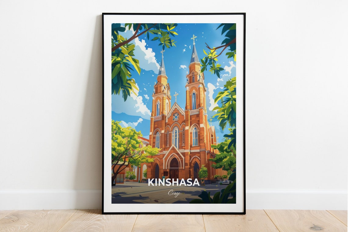 Kinshasa Congo Twin Spired Brick Cathedral Sunny Plaza Landmark Poster