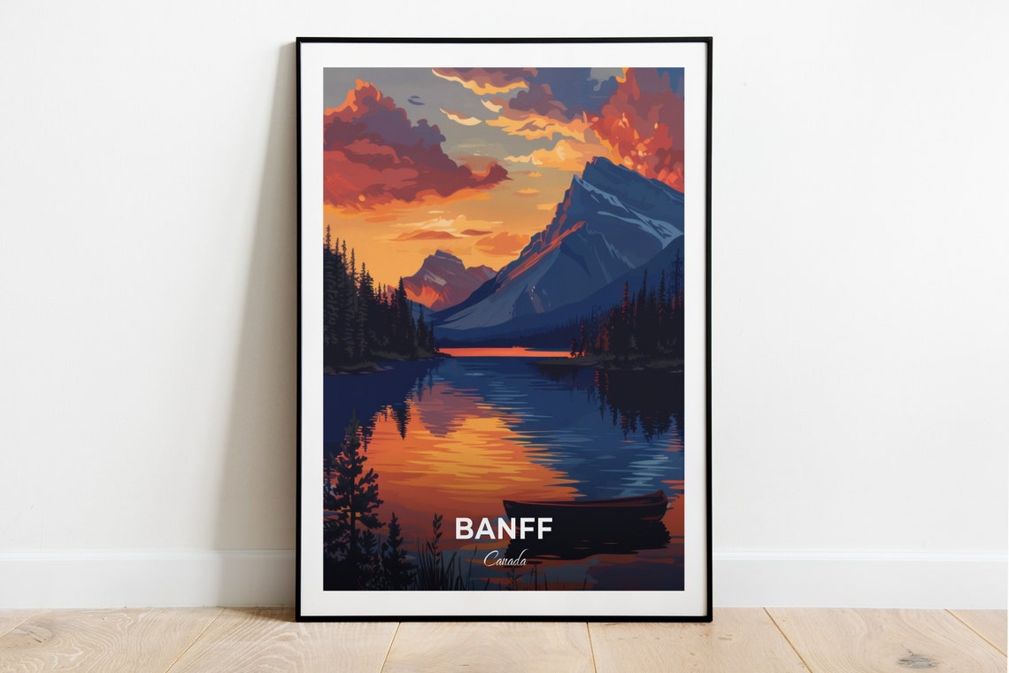 Banff Vermilion Lakes Canoe Sunset Mountain Water Reflection Poster