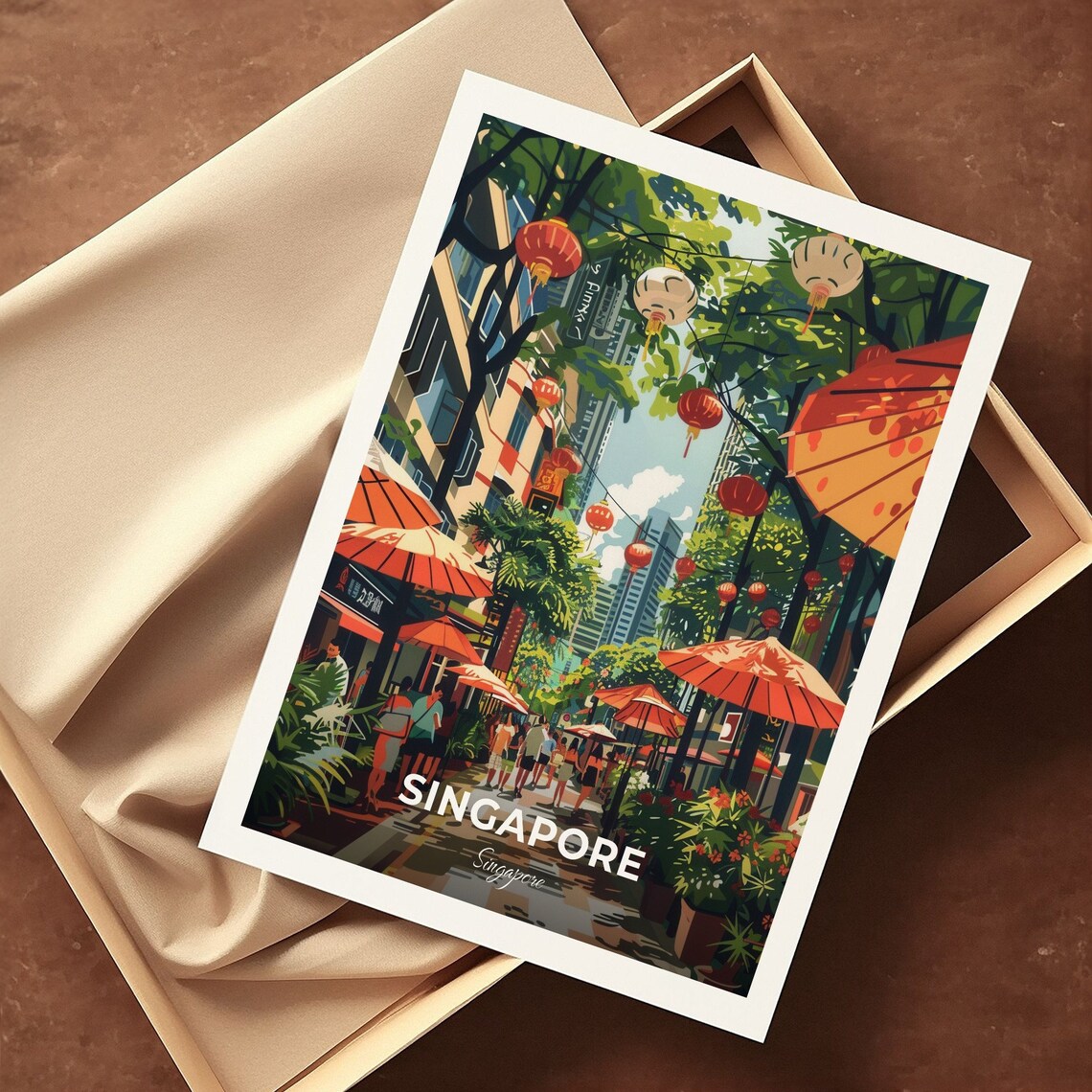 Singapore Orchard Road Lantern Street Umbrellas Bustling Travel Poster - Image 3