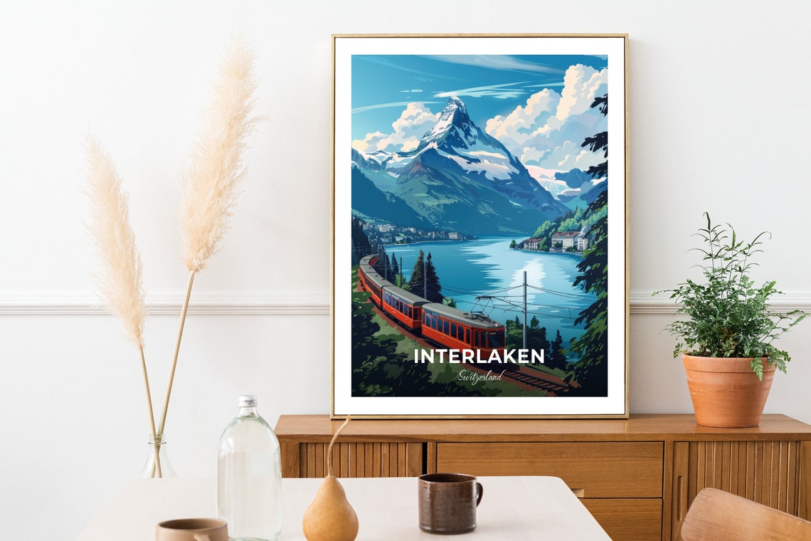 Interlaken Switzerland Jungfrau Mountain Lake Red Train View Poster - Image 2