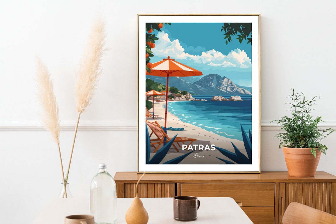 Sunny Patras Greece Sandy Beach with Orange Parasol Summer Poster - Image 3