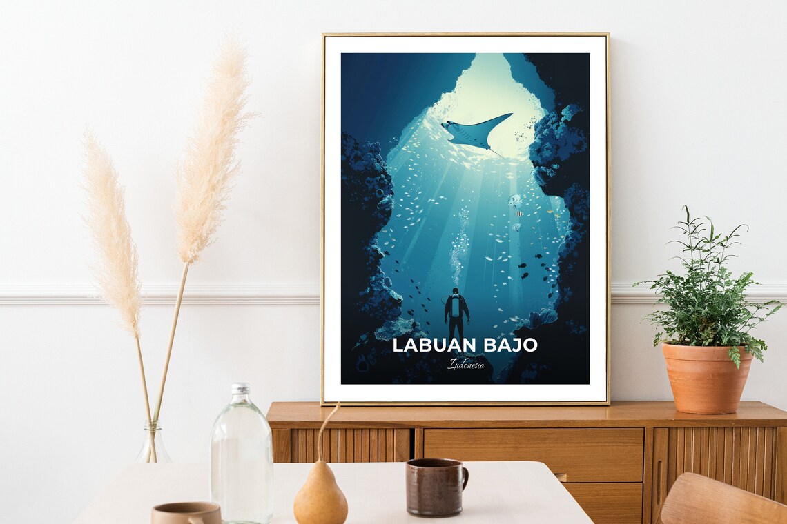 Labuan Bajo Manta Ray Diver Underwater Cave Indonesia Vintage Travel Poster - Image 3