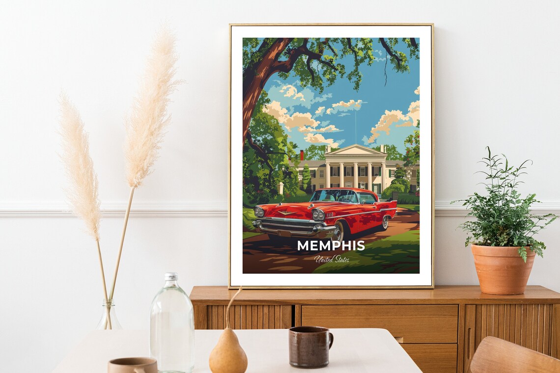 Memphis United States Graceland Red Classic Car Travel Poster - Image 3