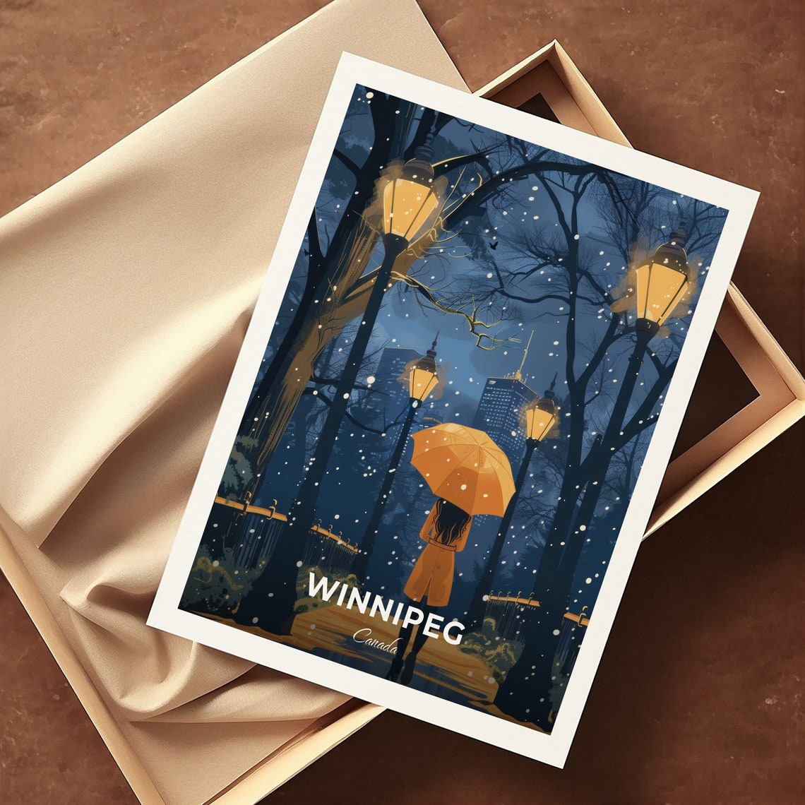Winnipeg Canada Snowy Night Park Umbrella Stroll Scene Poster - Image 3