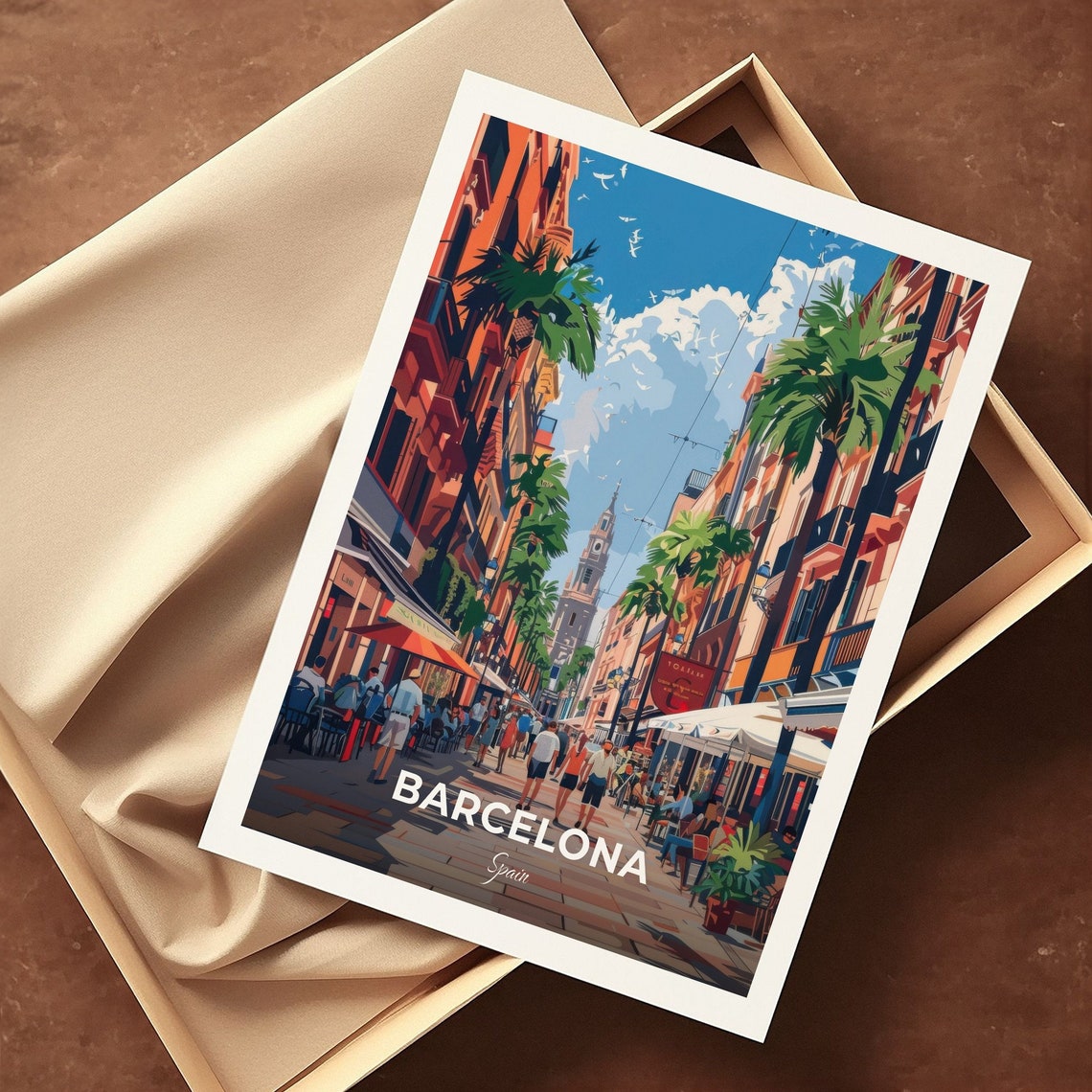 Barcelona La Rambla Street Cafes Palm Trees Spain Travel Poster - Image 3