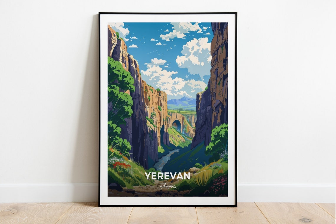 Yerevan Armenia Deep Gorge Cliffs Green Canyon River Travel Poster