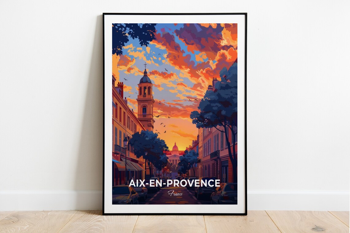 Aix En Provence France Sunset Old Town Street Bell Tower Travel Poster