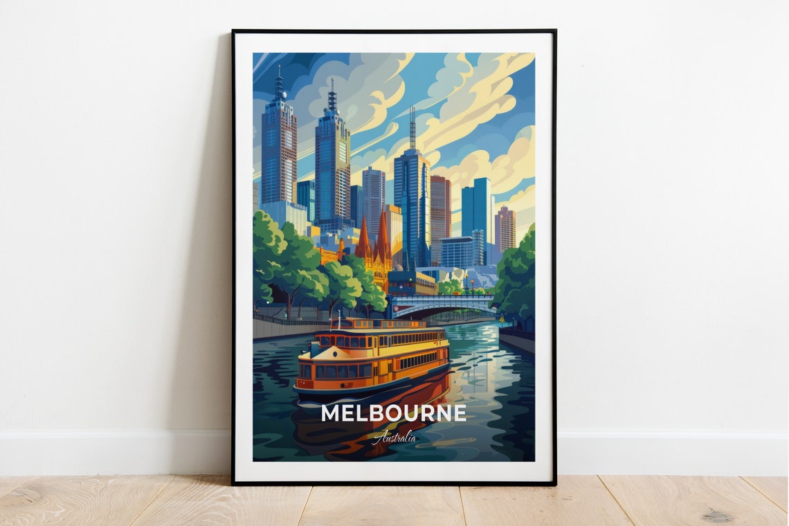 Melbourne Yarra River Ferry Skyline Crossing Travel Scene Poster