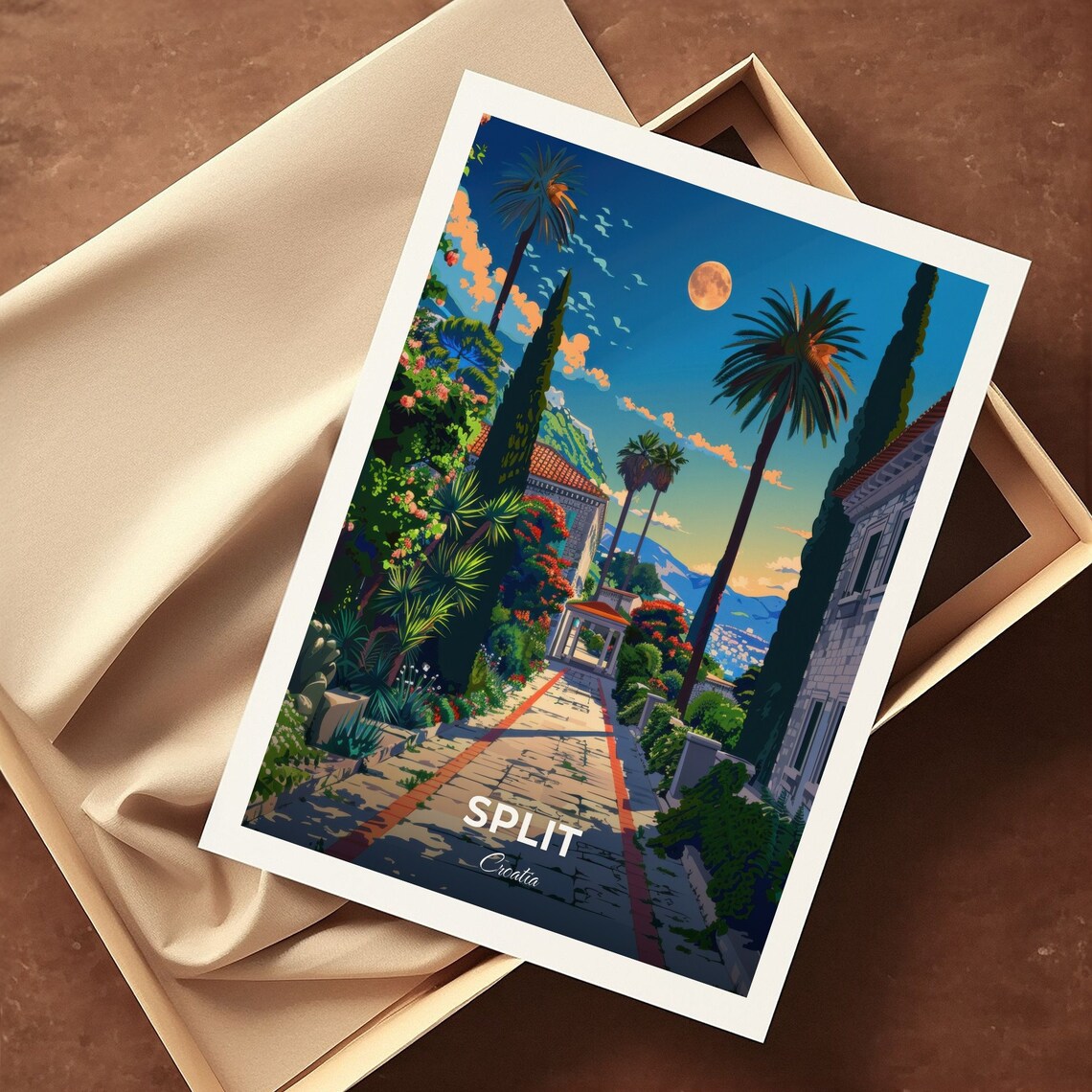 Split Moonlit Garden Pathway At Dusk With Palm Trees Croatia Travel Poster - Image 3