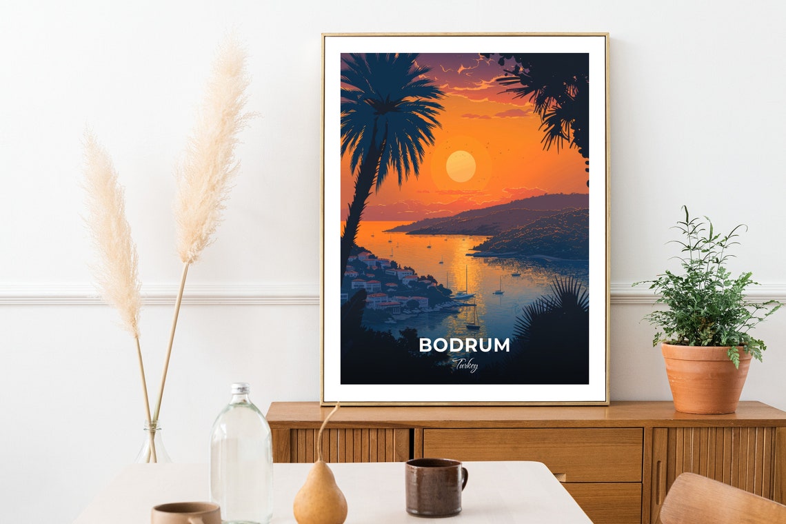 Bodrum Turkey Turgutreis Palm Framed Golden Bay Sunset Poster - Image 3