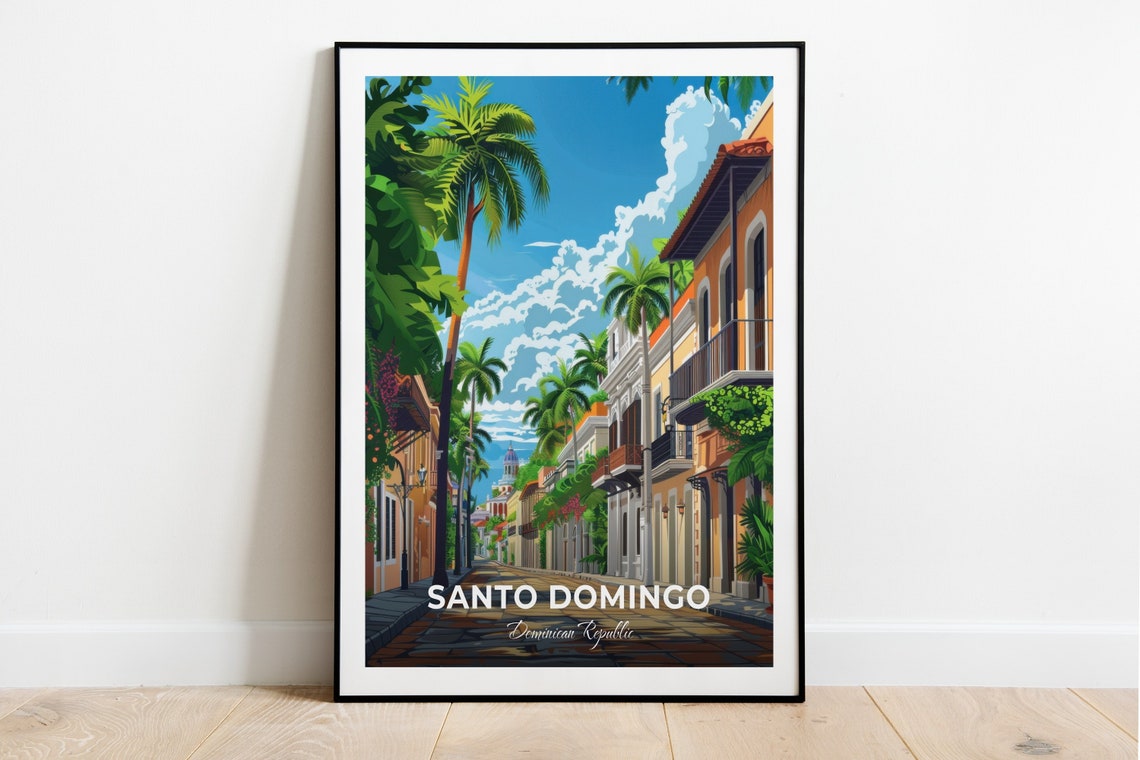 Santo Domingo Colonial Street Palm Trees Caribbean Travel Poster