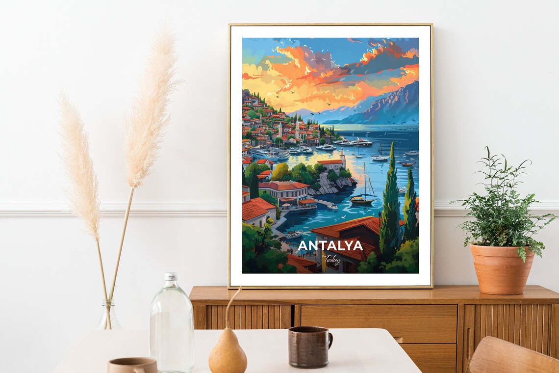 Antalya Harbor Town At Sunset With Boats And Mountains Turkey Poster - Image 2