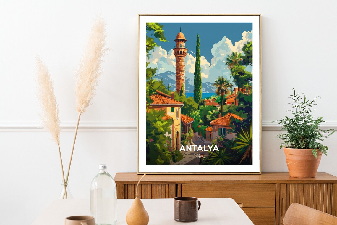 Antalya Turkey Yivli Minare Tower Travel Poster Old Town Gardens Art - Image 2