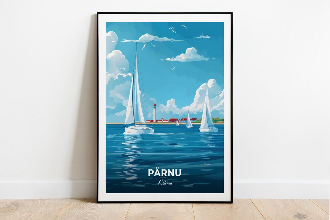 Parnu Estonia Sailboats Lighthouse Sunny Beach Coast Travel Poster