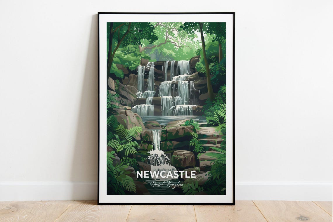 Newcastle United Kingdom Forest Waterfall Ferns Nature Travel Poster