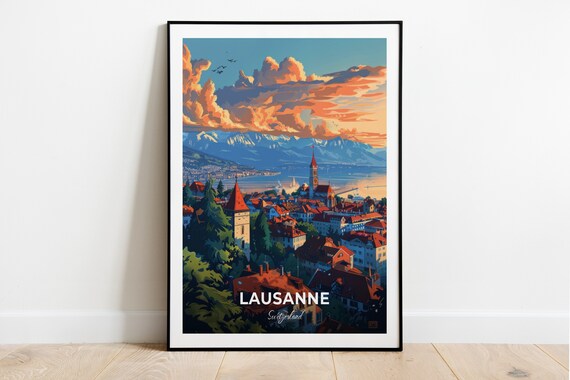 Lausanne Old Town Rooftops Alpine Lake Sunset Vista Travel Poster