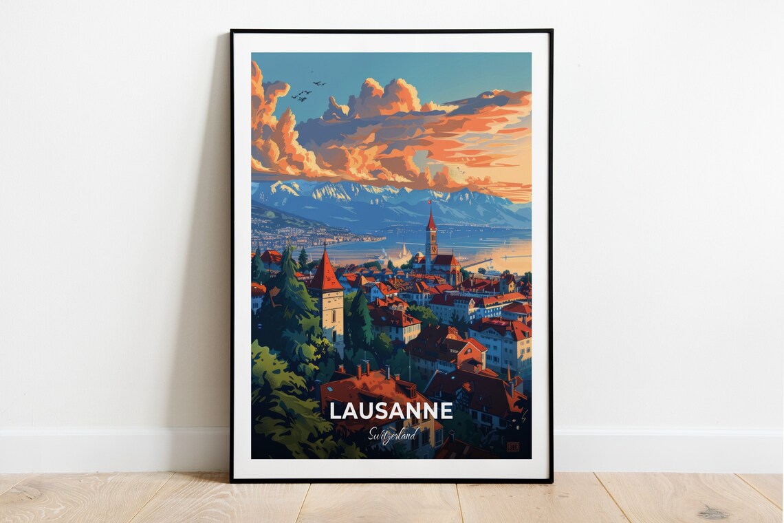 Lausanne Old Town Rooftops Alpine Lake Sunset Vista Travel Poster