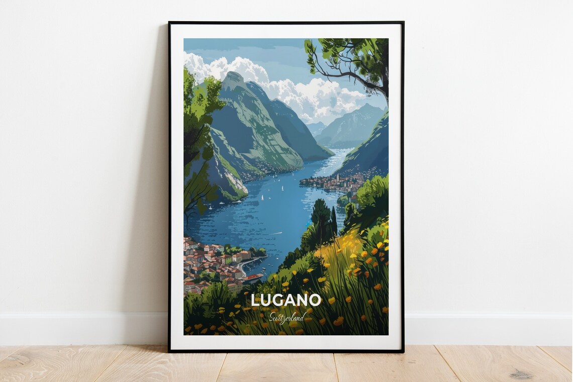 Lugano Switzerland Alpine Lake Panorama Sailboats Mountain Travel Poster