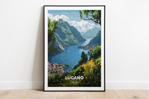 Lugano Switzerland Alpine Lake Panorama Sailboats Mountain Travel Poster