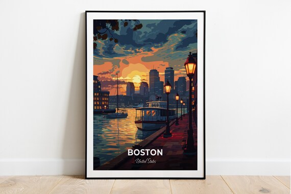 Boston Harbor Dusk Ferry Boardwalk Waterfront Travel Scene Poster