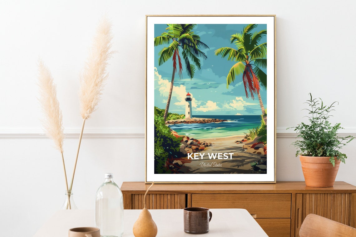 Key West Lighthouse Beach Palm Tree Tropical Scene Travel Poster - Image 2