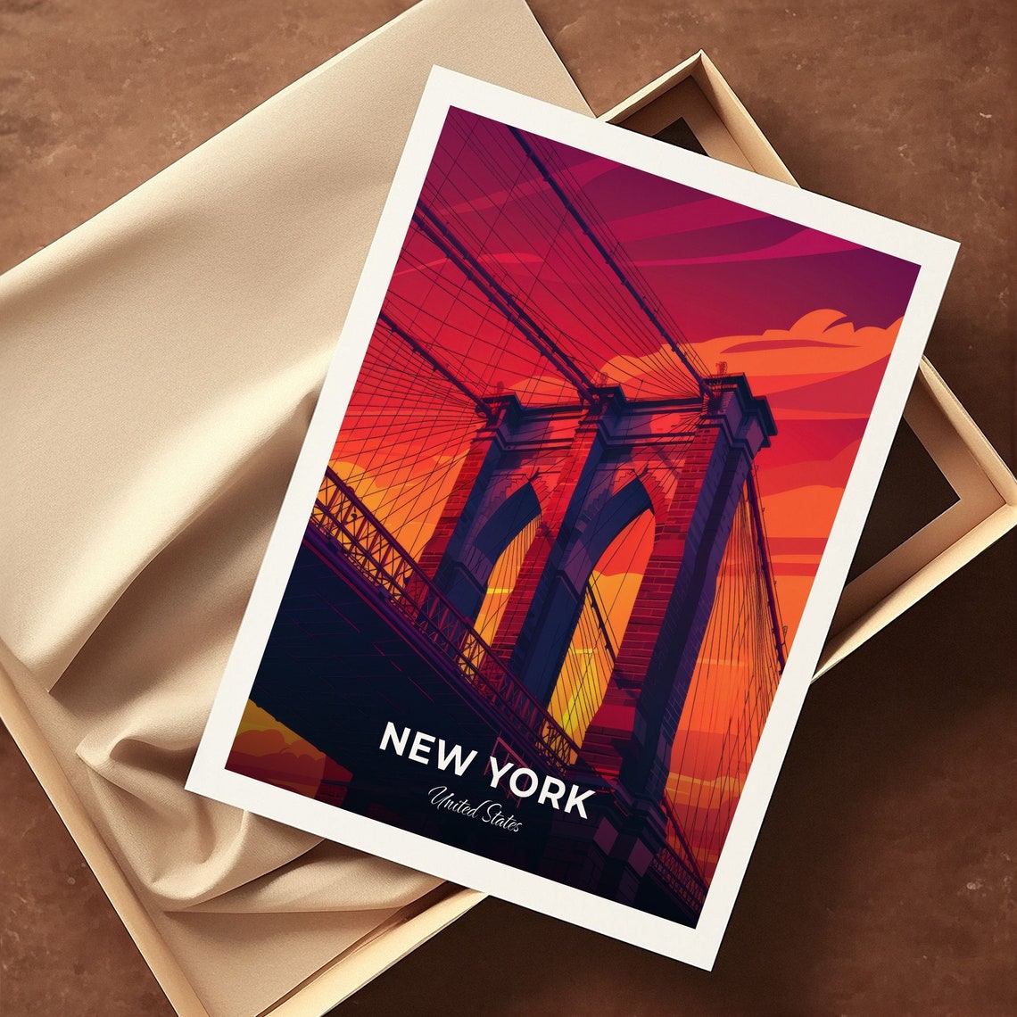 New York Brooklyn Bridge Sunset Travel Poster Fiery Skyline Artwork - Image 3