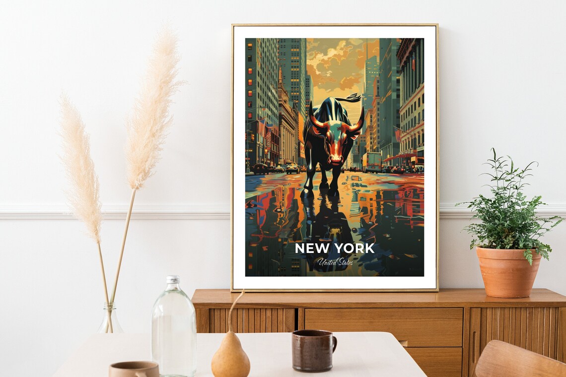 New York Wall Street Charging Bull Travel Poster Golden City Art - Image 2
