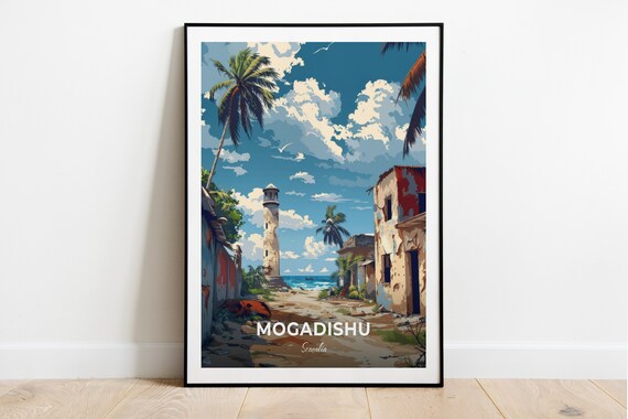 Mogadishu Somalia Travel Poster Old Lighthouse Coastal Scene Artwork