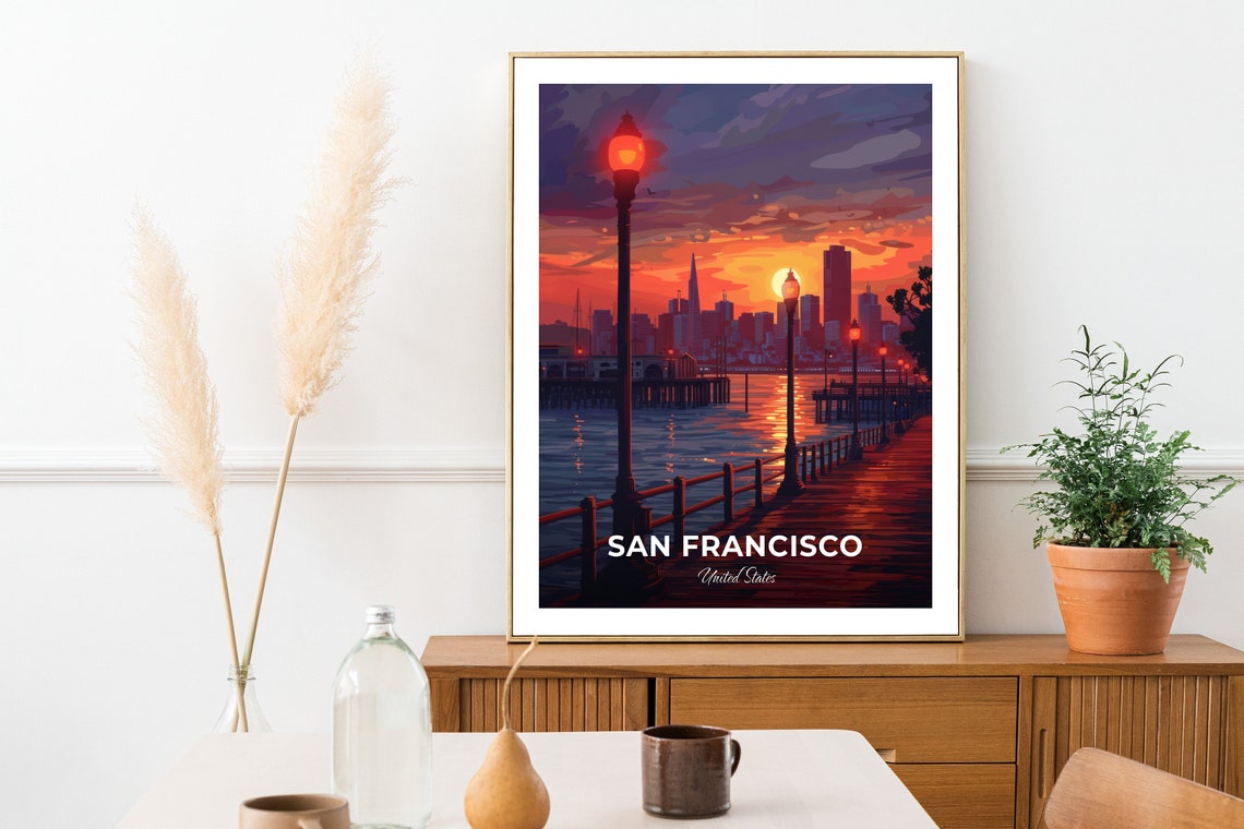 San Francisco Sunset Pier Waterfront Skyline Glow Travel Scene Poster - Image 2