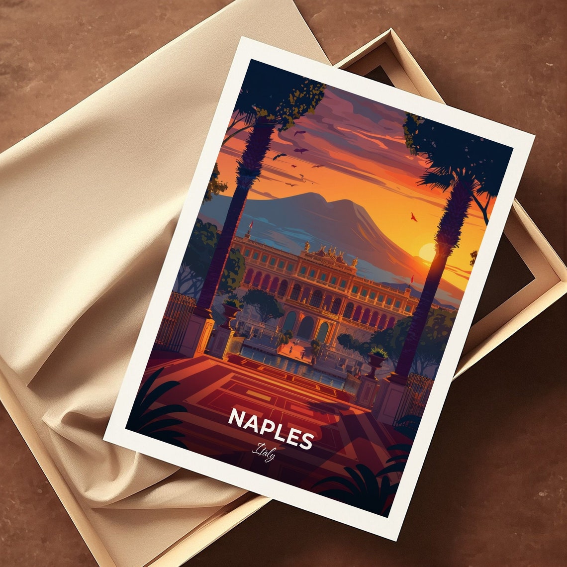 Naples Italy Royal Palace Sunset Mount Vesuvius Bay Travel Poster - Image 3