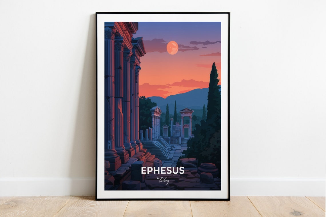 Ephesus Ancient Ruins Columns Full Moon Dusk Turkey Travel Poster