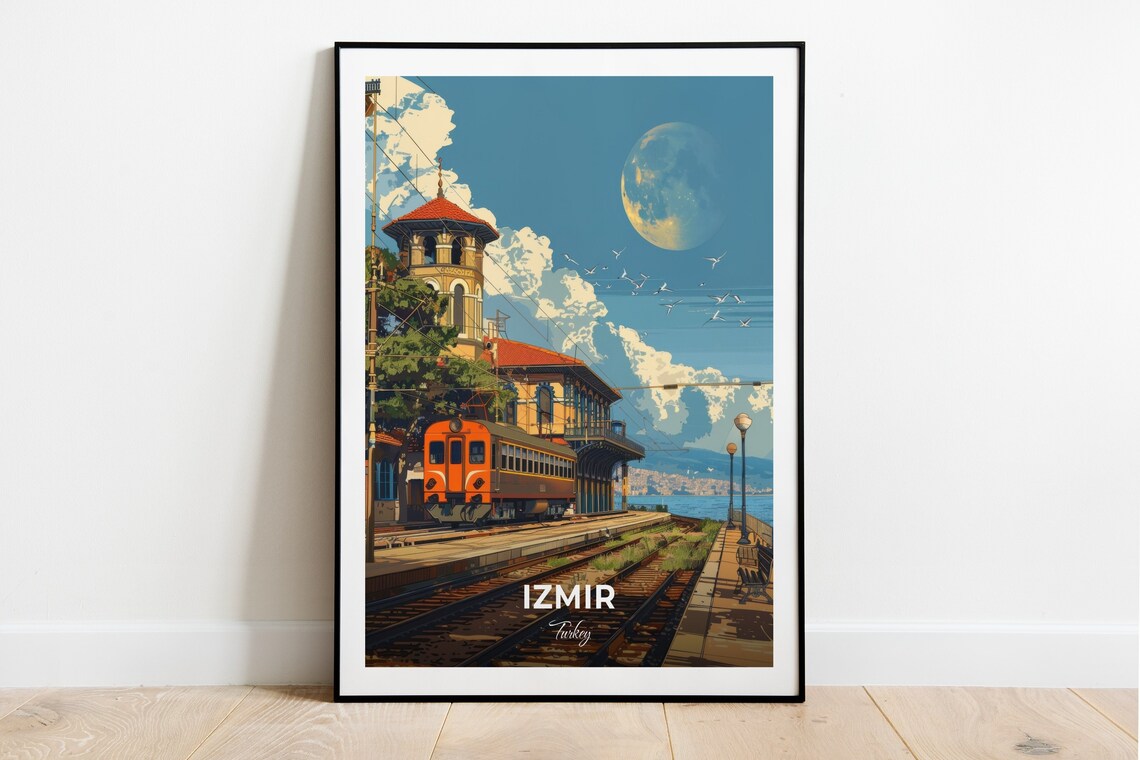 Izmir Turkey Alsancak Train Station Travel Poster Moonlight Retro Art