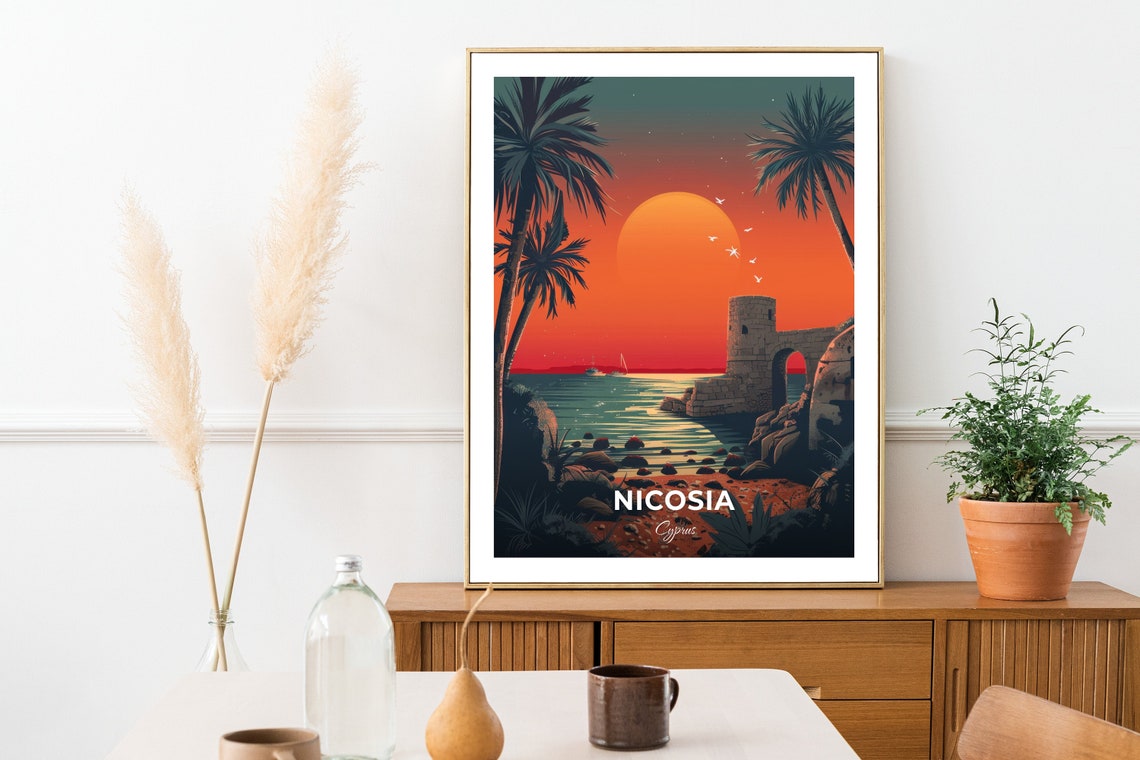 Nicosia Cyprus Beach Sunset Stone Tower Palms Ocean Travel Poster - Image 2