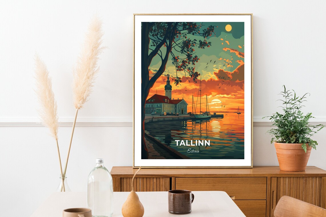 Tallinn Estonia Harbor Sunset Sailboats Golden Moon Travel Poster - Image 2