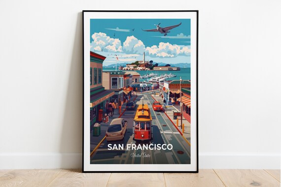 San Francisco Fishermans Wharf Cable Car Bay View Travel Poster