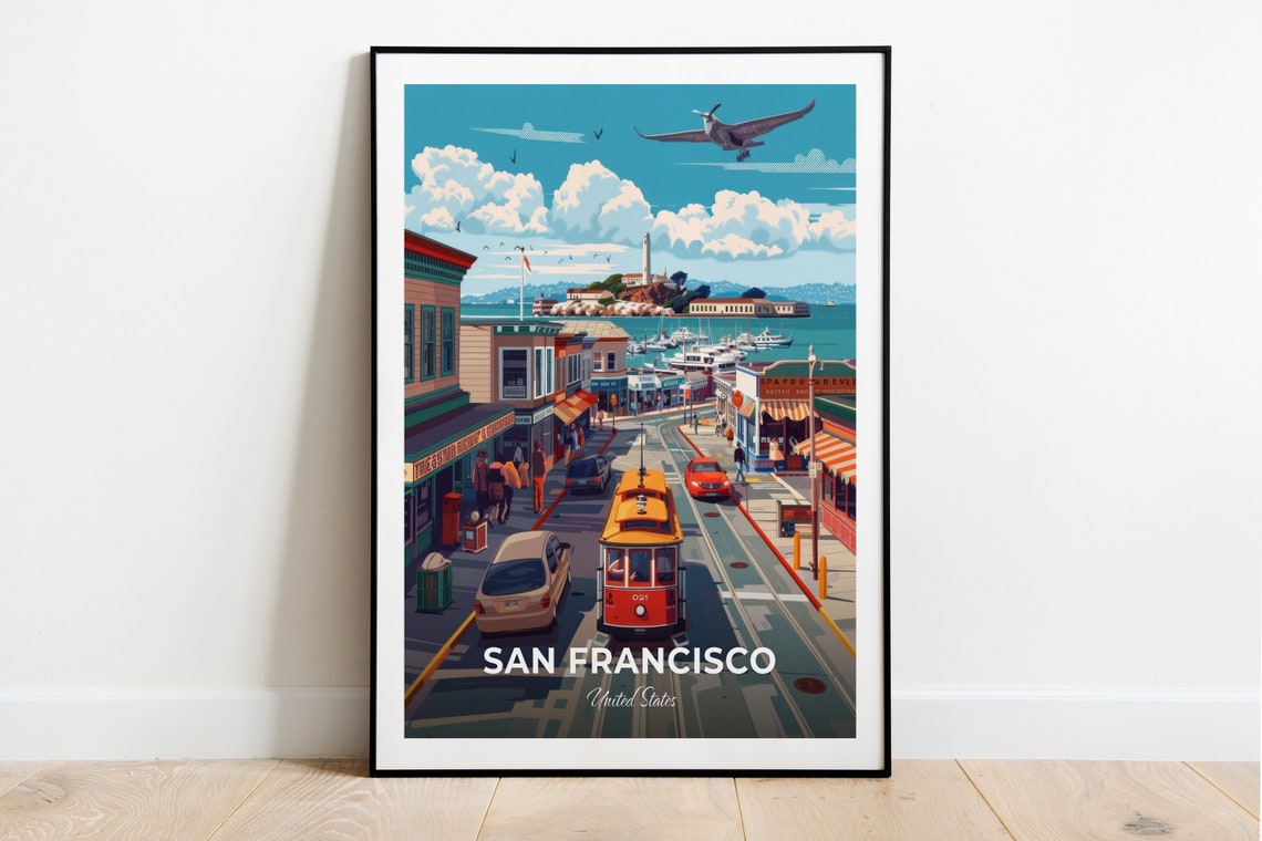 San Francisco Fishermans Wharf Cable Car Bay View Travel Poster