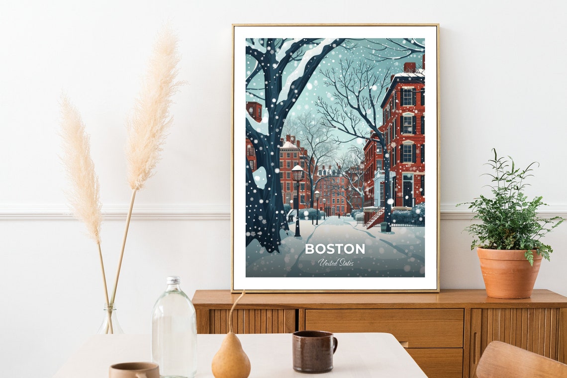 Boston Snowy Historic Winter Brick Street Scene Travel Poster - Image 2