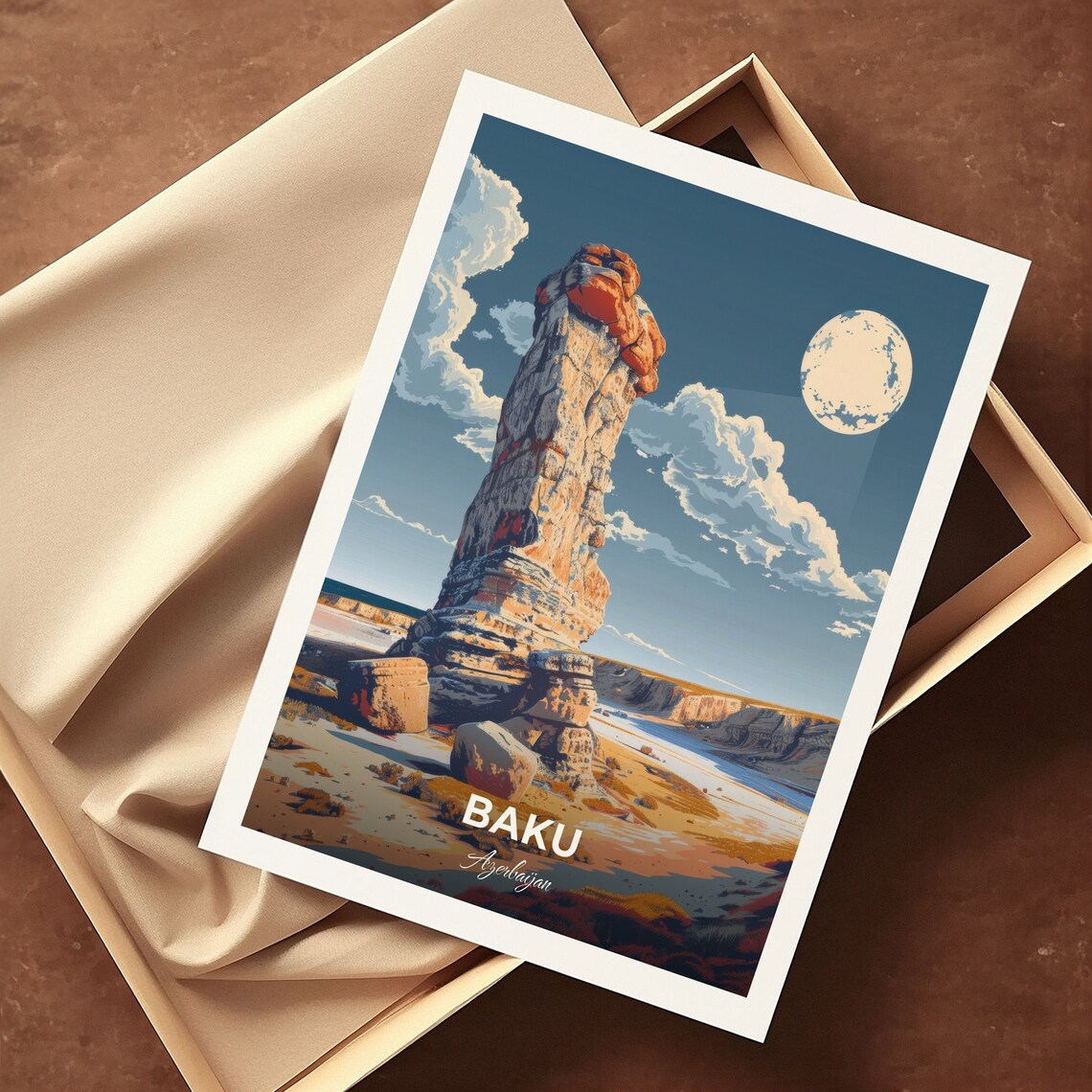 Baku Azerbaijan Moonlit Desert Stone Pillar Rock Travel Poster - Image 3