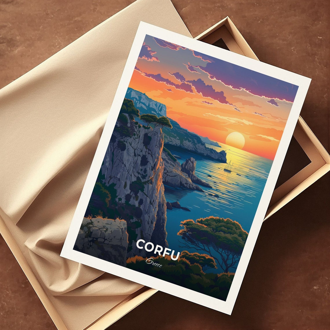Corfu Greece Rocky Cove Sunset Cliffs Golden Sea Travel Poster - Image 3