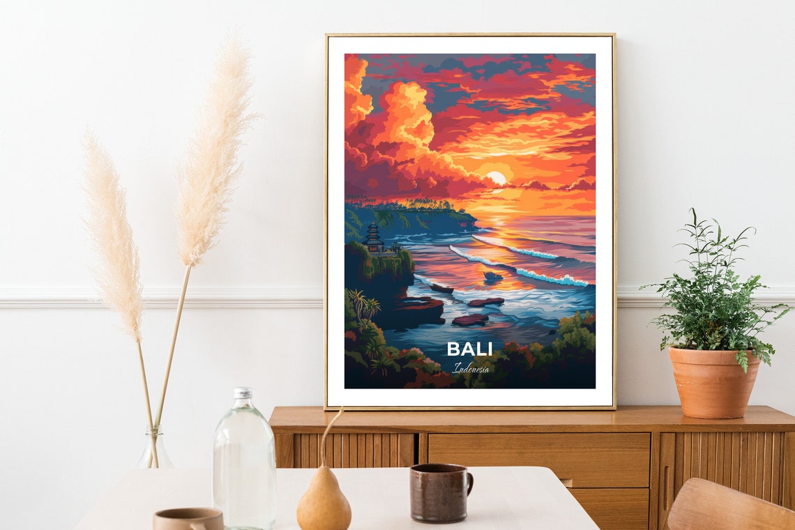 Bali Tanah Lot Sea Temple Sunset Orange Sky Waves Travel Poster - Image 2
