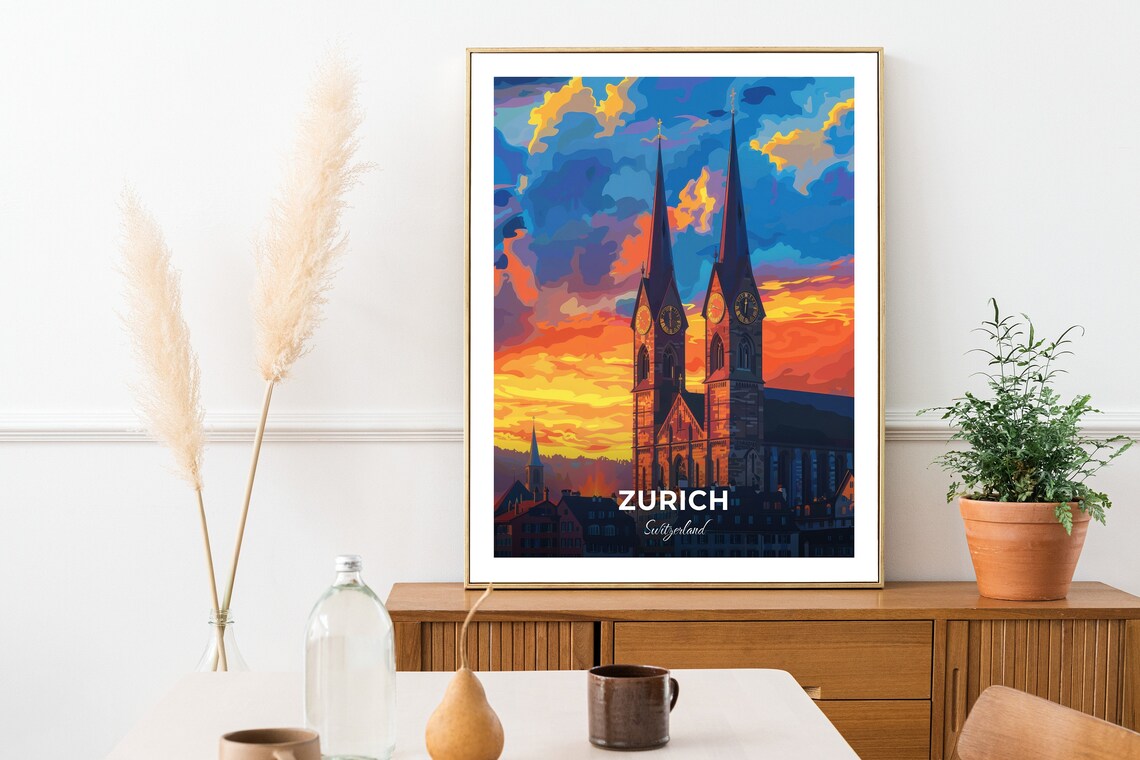 Zurich Switzerland Twin Church Towers Under Fiery Sunset Sky Poster - Image 2