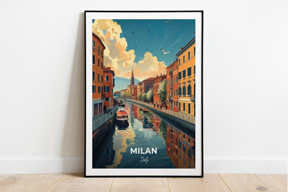 Milan Navigli District Canal Boats Reflections Evening Travel Poster