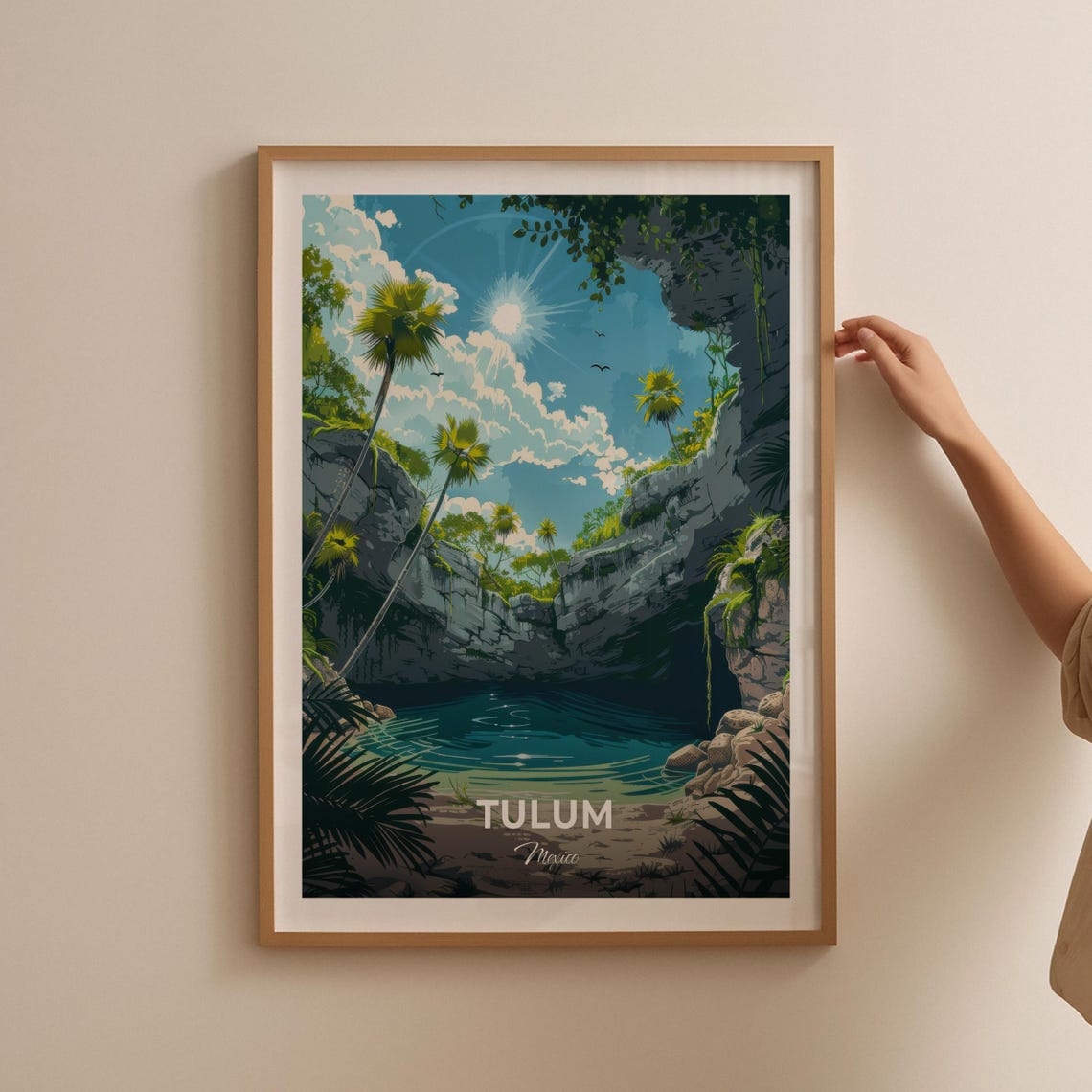 Tulum Mexico Sunlit Cenote Rock Palms Jungle Oasis Travel Poster - Image 2
