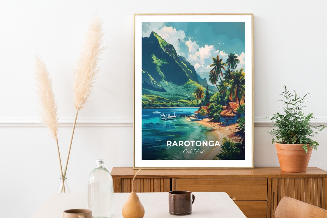 Rarotonga Cook Islands Mountain Beach Huts Boats Palm Travel Poster - Image 3